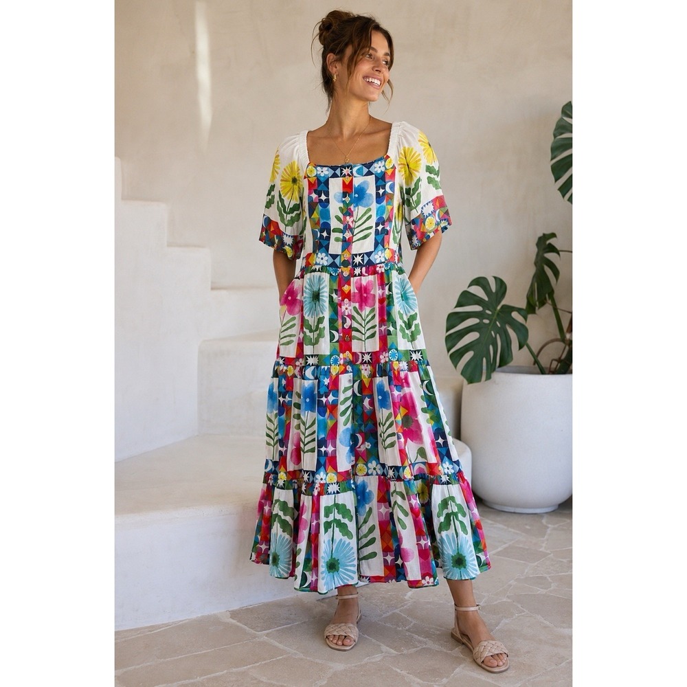 Gorman Olivia McEwan Hill Friends Of The Sun Long Dress Linen Blend Size 12 NWT